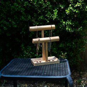 Natural Finish Oak Jewelry Stand. Organize Necklaces, Bracelets &amp; Earrings