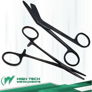 GERMAN Lister Bandage Scissors 5.5&#034; + Straight Hemostat Black Fluoride Coated