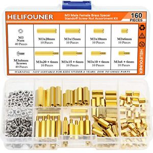 160 Pieces M3 Male Female Hex Brass Spacer Standoff Screw Nut Assortment Kit