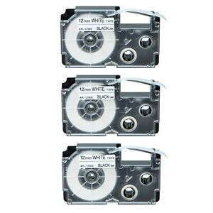 3PK XR-12WE Black on White Label Tape for Casio KL-60 100 7000 8200 8800 1/2&#034;