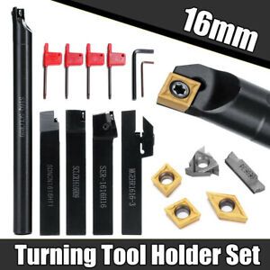 16mm Shank Lathe Boring Bar Turning Tool Holder Set With 5x Inserts + Wrench Kit