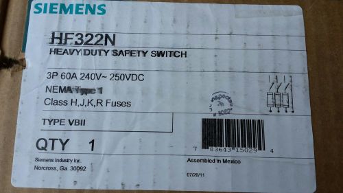 SIEMENS HF322N HEAVY DUTY SAFETY SWITCH  60 A 240 VAC Indoor 3 POLE 4 WIRE NEW