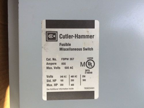 FDPW367 Cutler Hammer 800 Amp Dead Front Switch 600V Fusible 3P NEW!!