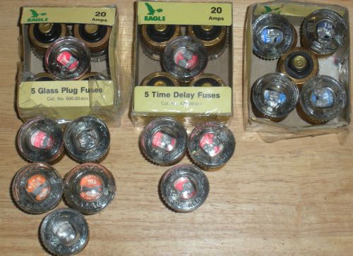 LOT 23 EAGLE GLASS PLUG FUSES TIME DELAY TYPE  &amp; REG.15 - 20 - 25 AMPS EDISON