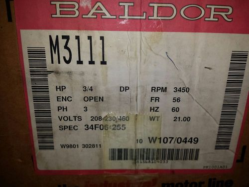 Baldor M3111 3/4 HP, 3450 RPM NEW ELECTRIC MOTOR