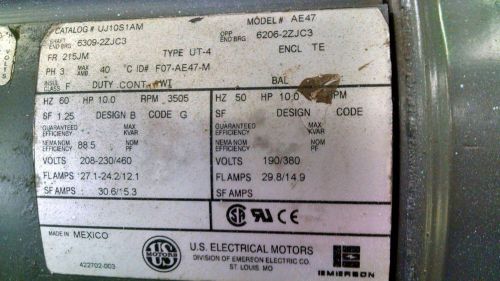 US Electric ph3 hp10 rpm3505 volts208-230/460 Encl:TE Frame:215JM Cont Duty