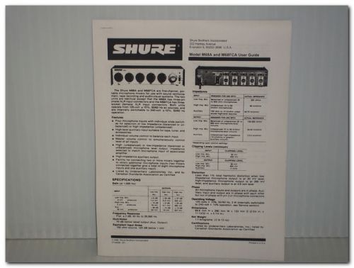 SHURE M68A M68FCA MICROPHONE MIXER MIC MIXER 120 OR 240 V USER GUIDE MANUAL