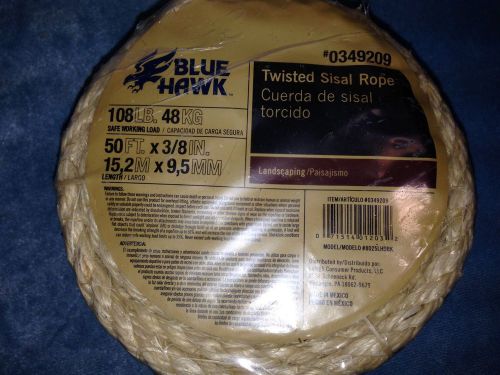 Blue hawk twisted sisal rope 3/8&#034; x 50&#039; 108 lb #0349209 brand new sealed look! for sale