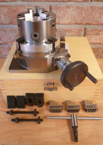 4&#034; rotary table + 3-jaw x 3-1/4&#034; chuck on back plate + wooden case new machining for sale