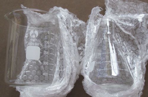 New glass erlenmeyer flask 250 ml &amp; new glass beaker 600 ml bomex chem/bio lab for sale