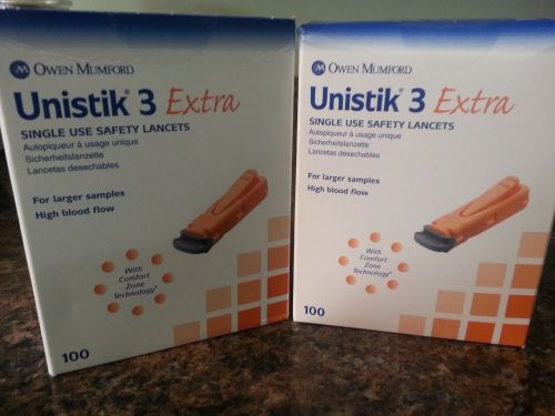New: 2 Boxes- Unistik 3 Safety Lancets- Extra - 21G, 2.0mm 100/Box= 200 Lancets