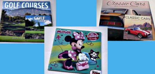 LOT (3) 2015 12 Month Wall Calendar GOLF MINNIE MOUSE CLASSIC CARS +2 BONUS NEW!