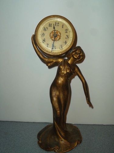 VINTAGE CLOCK - Brass Woman Statue Holding Alarm Clock (lot2c)