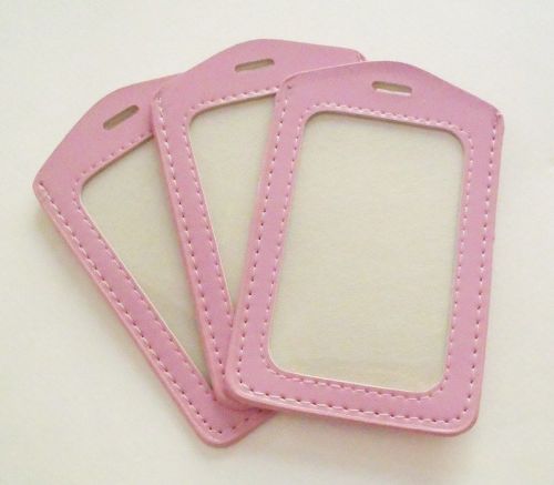 NEW LIGHT PINK BUSINESS ID CARD HOLDER CLEAR PLASTIC POUCH CASE PU LEATHER 3 PCS