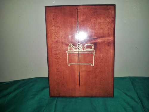 CUSTOM MADE WOOD CLIPBOARD WITH CARVED OFFICE WORKER INLAID IN GOLD ON REAR