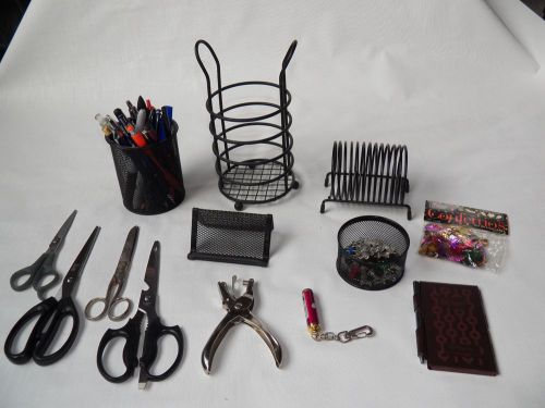 Misc. office desk accessories lot pen &amp; card letter holder scissors punch +more for sale