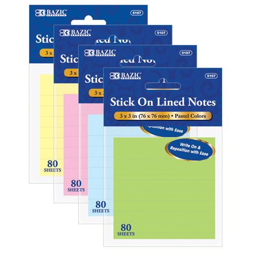 BAZIC 80 Ct. 3&#034; X 3&#034; Lined Stick On Notes, Case of 24