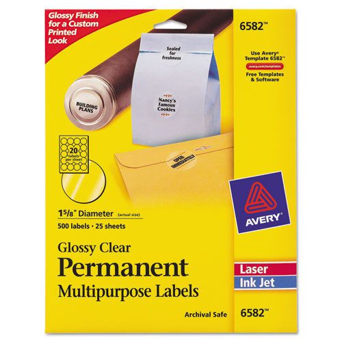 Permanent Clear Round ID Labels for Laser/Inkjet Printers, 1-2/3&#034; dia., 500/Pack