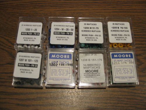Numbered Map Tacks Moore Multi color Pins 8 Boxes of 25: Numbers 1-200 New