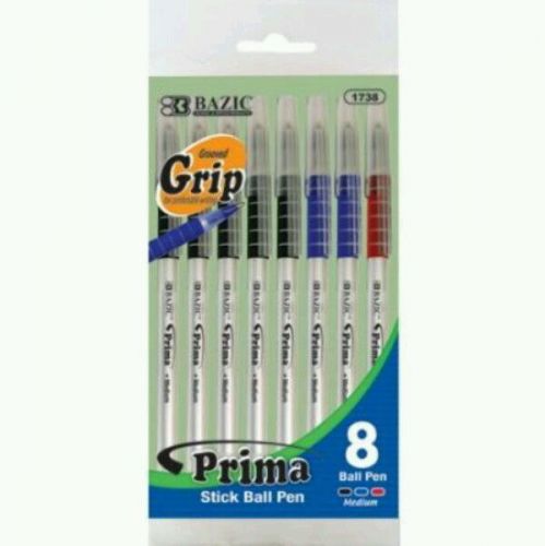 BAZIC Prima Stick Pen with Cushion Grip, Black, Blue, Red, 8-Pack