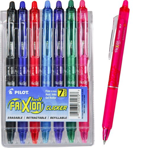 Pilot FriXion Clicker, 0.7mm Retractable Erasable Gel Ink Pen, 7 Color Set