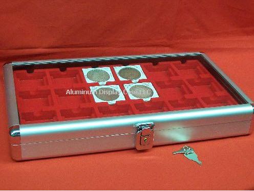 14 x 8 x 2&#034; aluminum display case w 18 coin red insert for sale