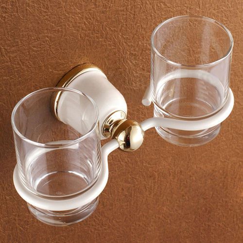 Bathroom Accessory Double Toothbrush Holder and Tumblers in Baking varnish,Gold