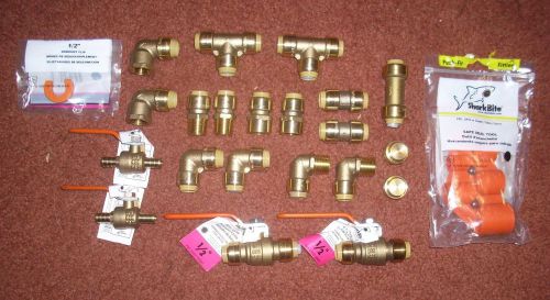 17 pc lot of new 1/2 inch sharkbite plumbing fittings plus 4 valves &amp; tools for sale