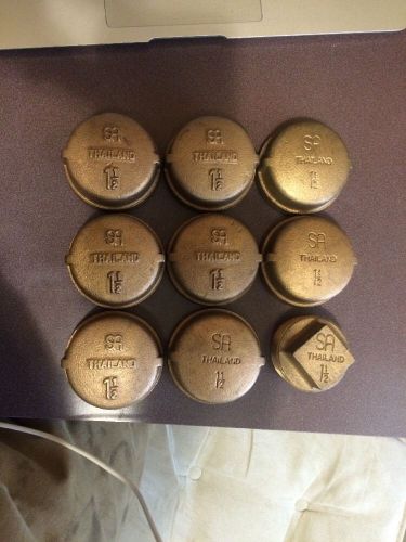 8 pcs 1 1/2&#034; Brass Pipe Caps &amp; 1 Plug, New, Stock From Plumbing Store Auction