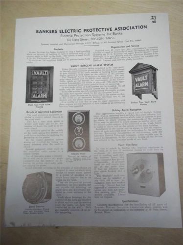 Vtg Bankers Electric Protective Association Catalog Insert/Page~Vault Alarm~1939