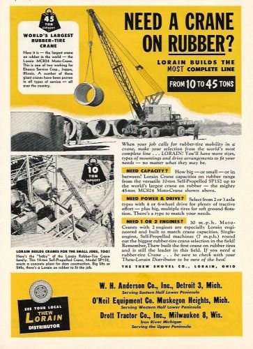 1952 lorain model mc824 rubber-tire crane ad, also model sp152 self-propelled for sale