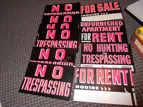 Vintage NO TRESPASSING Sign Lot NO HUNTING For RENT Signs 1960&#039;s NEON Plastic