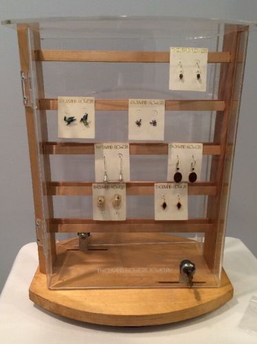 Vintage Thousand Flowers Earring Display Cabinet Rotates And Locks Lucite &amp; Wood