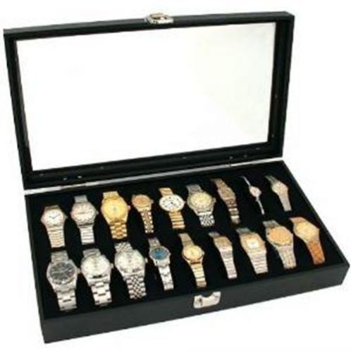 1 Glass Top Lid Black 18 Standard Size Watch &amp; 1 Ring Storage Display Box Case
