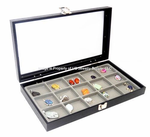 6 Glass Top Lid Grey 15 Space Storage Display Box Cases Jewelry Arrowhead