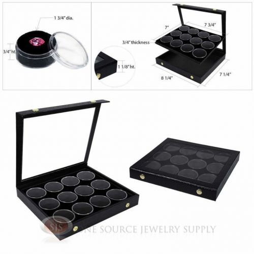 (2) Black 12 Gem Jar Inserts w/ Snap Acrylic Display Cases Gemstone Jewelry