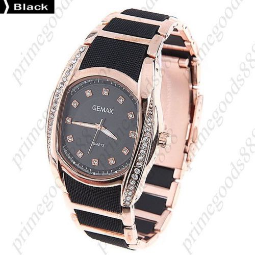 Gold Round PU Leather Alloy Lady Ladies Wrist Quartz Wristwatch Women&#039;s Black