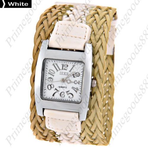 Wide Square Twin PU Leather Quartz Wrist Lady Ladies Wristwatch Women&#039;s White