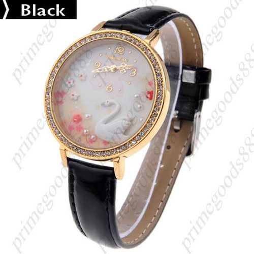 Swan Flower Flowers PU Leather Quartz Wrist Round Wristwatch Women&#039;s In Black