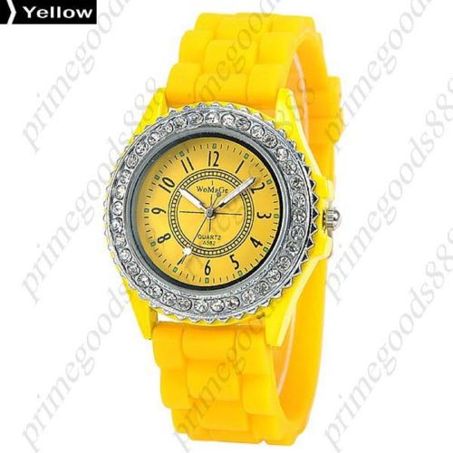 Silica Gel Rhinestones Analog Wrist Quartz Lady Ladies Wristwatch Women&#039;s Yellow