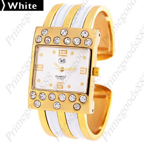 Gold Golden Square Bracelet Bangle Lady Ladies Quartz Wristwatch Women&#039;s White