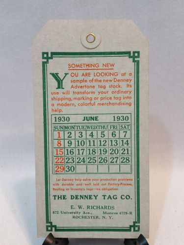 VINTAGE DENNEY TAG CO.JUNE 1930 CALENDER MAILING TAG - FREE SHIPPING