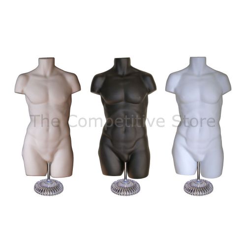 3 super male black + flesh +white mannequin dress forms w/ economic plastic base for sale