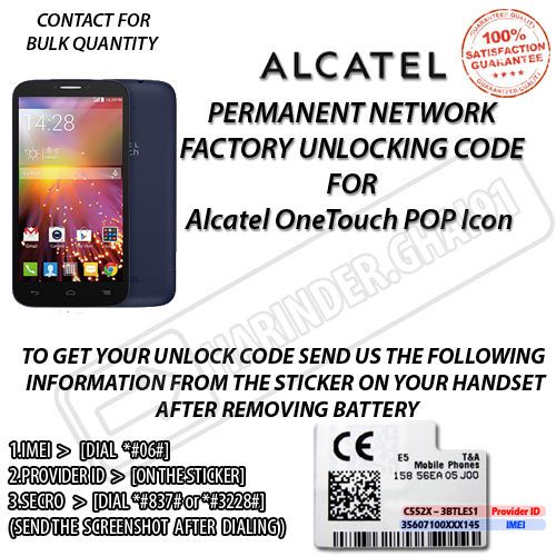 Alcatel OneTouch Pop Icon 7040T C7 Telus Koodo PERMANENT FACTORY CODE PIN ALCA