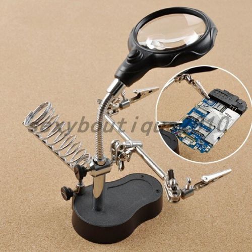 2 LED Auxiliary Clip Repair Soldering Irons Desktop Magnifier Stand Loupe Holder