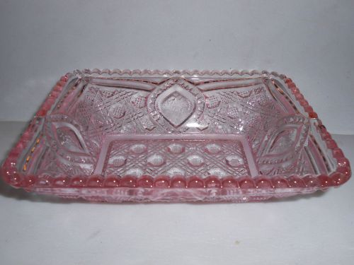 Pink rose glass quilted floral oval pattern candy jam soap dish relish tray bowl