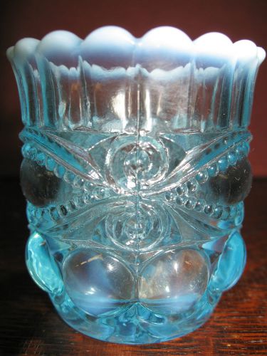 Aqua Blue Opalescent glass eyewinker pattern tabletop toothpick match holder art