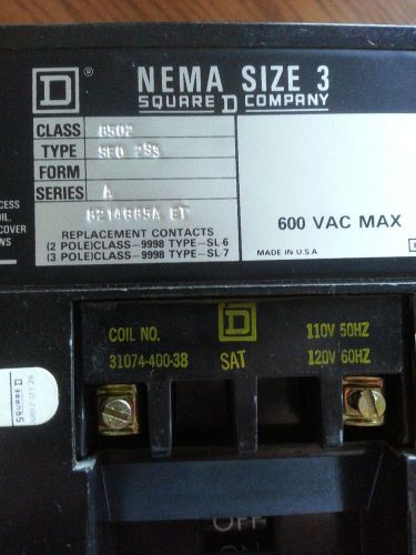 Square D 8502 SE02 Voltage Contactor w/ Magnetic SEO2 Motor NEMA Size 3