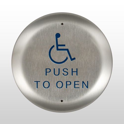 Bea round push plate with text and handicap logo for sale