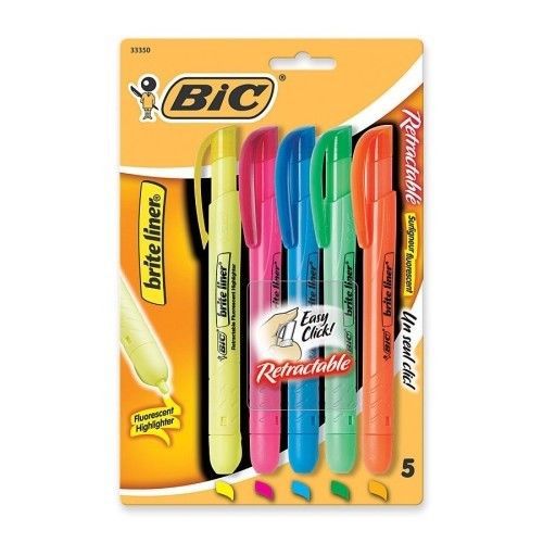 Bic Corporation Retractable Highlighter, Chisel Point, 5/ST, Assorted